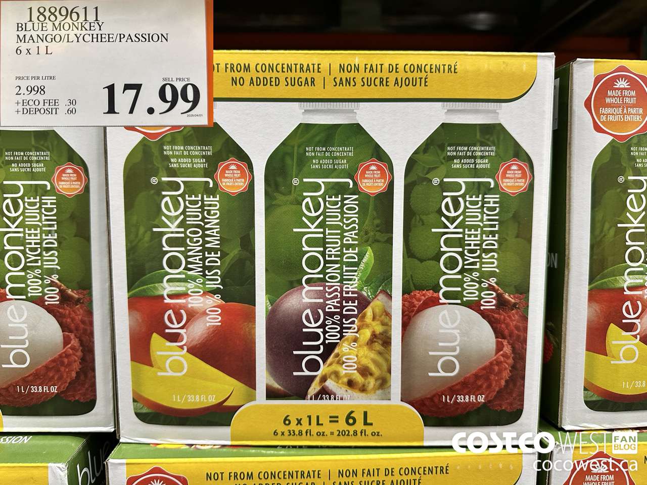 1889611 BLUE MONKEY MANGO/LYCHEE/PASSION 6 X 1L $17.99