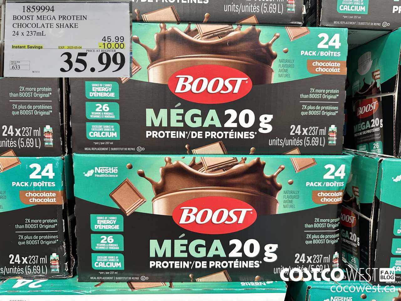 1859994 BOOST MEGA PROTEIN CHOCOLATE SHAKE 24 X 237ML ($10.00 INSTANT SAVINGS EXPIRES ON 2025-05-04) $35.99