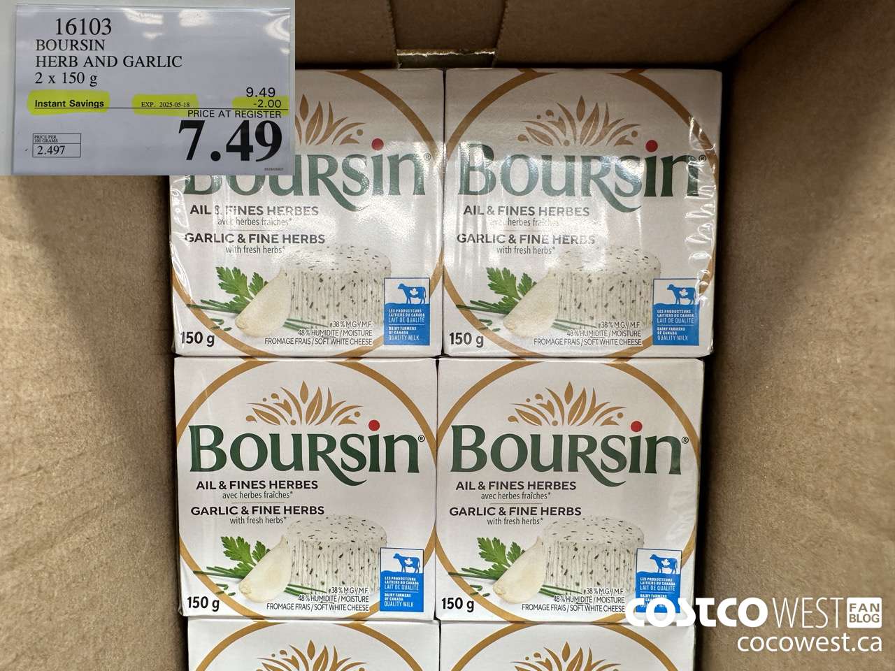 16103 BOURSIN HERB AND GARLIC 2 x 150 g ($2.00 INSTANT SAVINGS EXPIRES ON 2025-05-18) $7.49