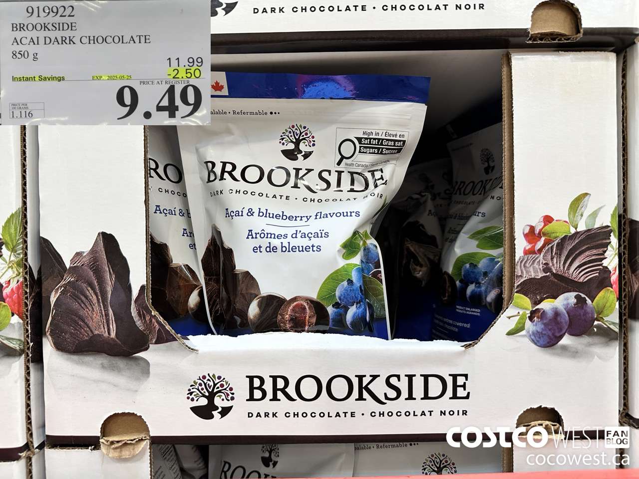919922 BROOKSIDE ACAI DARK CHOCOLATE 850 g ($2.50 INSTANT SAVINGS EXPIRES ON 2025-05-25) $9.49