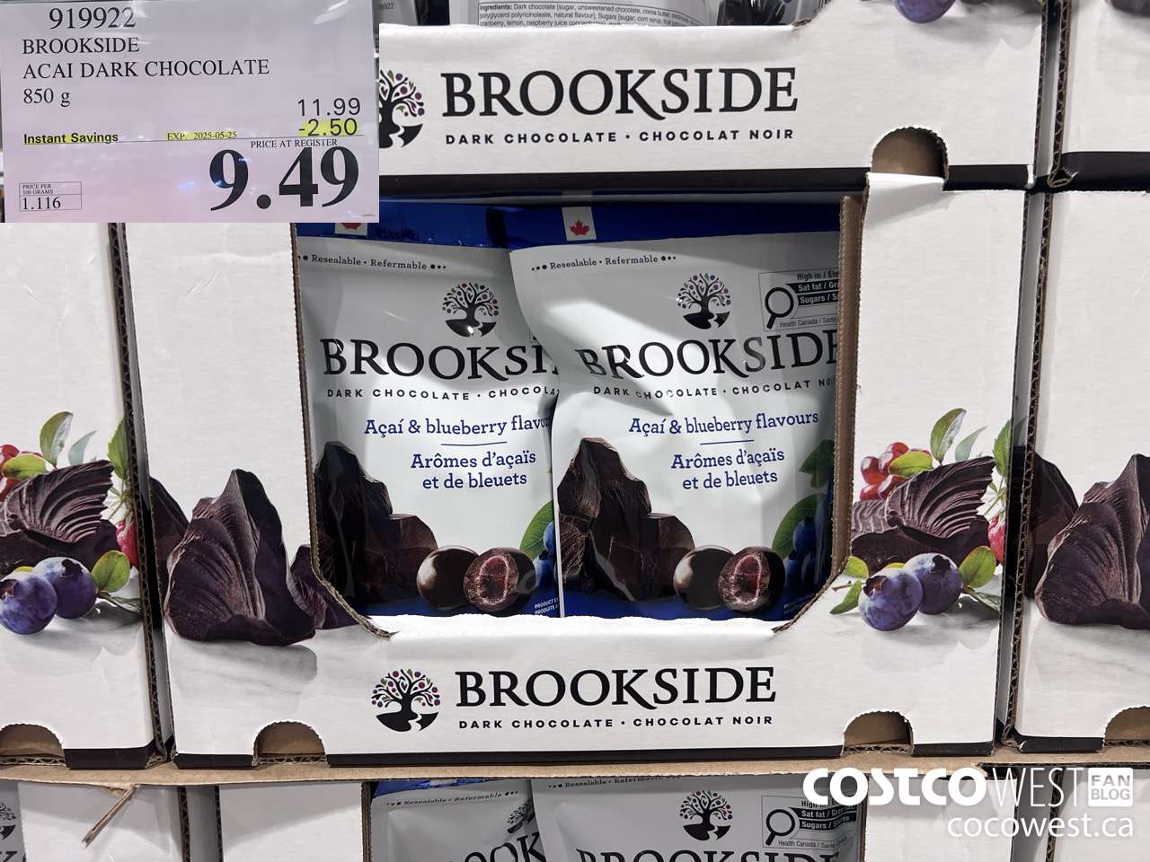 919922 BROOKSIDE ACAI DARK CHOCOLATE 850 g ($2.50 INSTANT SAVINGS EXPIRES ON 2025-05-25) $9.49