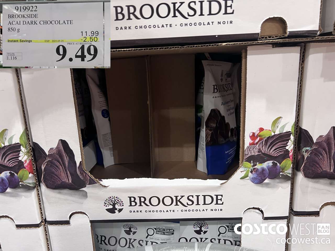 919922 BROOKSIDE ACAI DARK CHOCOLATE 850 g ($2.50 INSTANT SAVINGS EXPIRES ON 2025-05-25) $9.49
