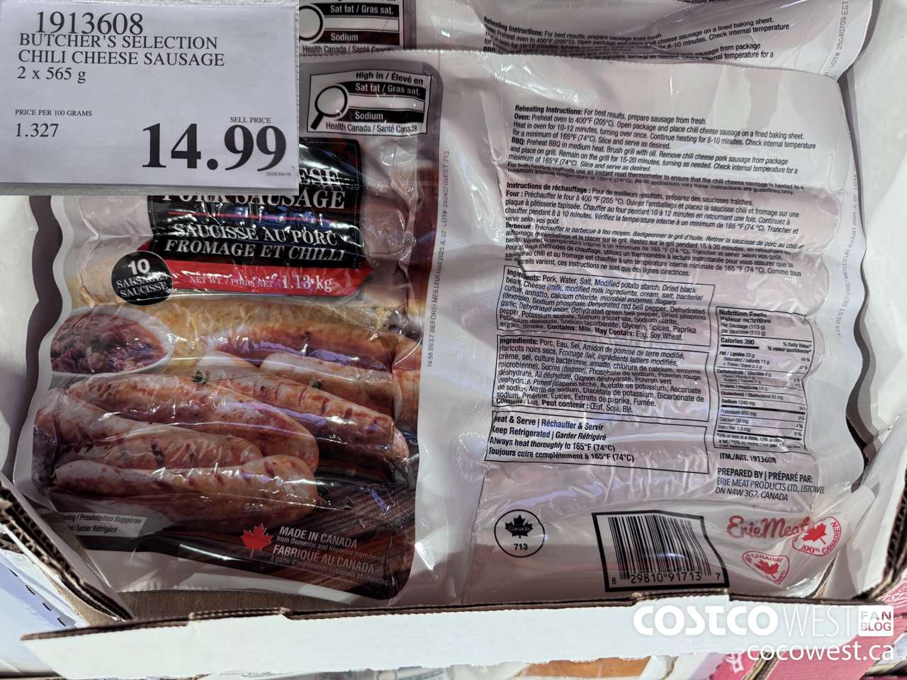 1913608 BUTCHER'S SELECTION CHILI CHEESE SAUSAGE 2 X 545 G $14.99