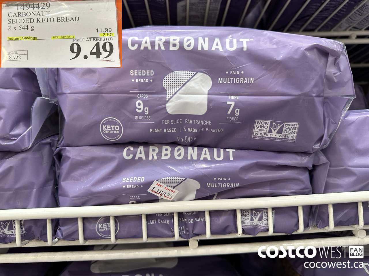 1494429 CARBONAUT SEEDED KETO BREAD 2 x 544 g ($2.50 INSTANT SAVINGS EXPIRES ON 2025-05-11) $9.49