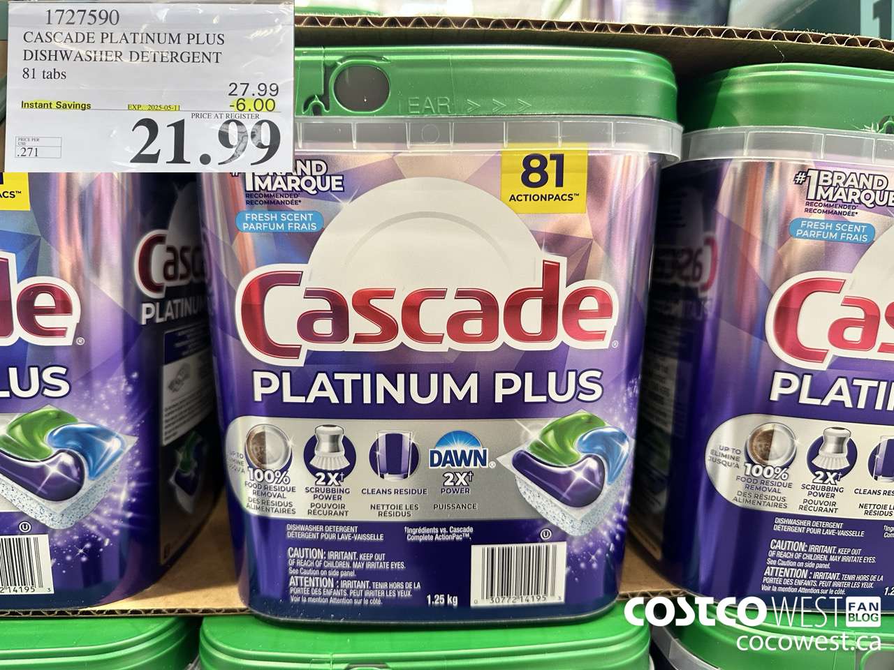 1727590 CASCADE PLATINUM PLUS DISHWASHER DETERGENT 81 TABS ($6.00 INSTANT SAVINGS EXPIRES ON 2025-05-11) $21.99