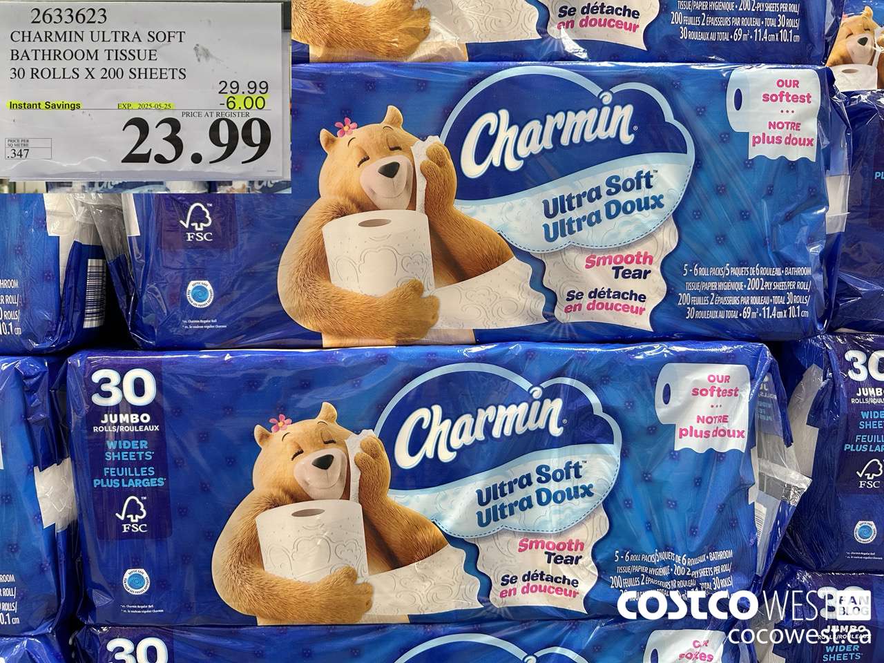 2633623 CHARMIN ULTRA SOFT BATHROOM TISSUE 30 ROLLS X 200 SHEETS ($6.00 INSTANT SAVINGS EXPIRES ON 2025-05-25) $23.99