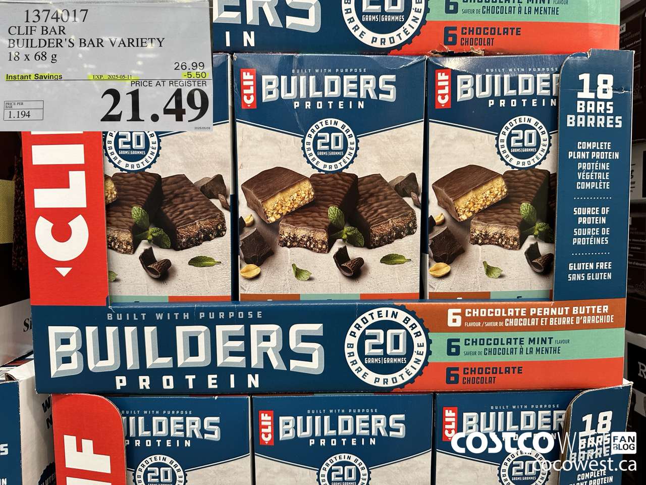 1374017 CLIF BAR BUILDER'S BAR VARIETY 18 x 68 g ($5.50 INSTANT SAVINGS EXPIRES ON 2025-05-11) $21.49