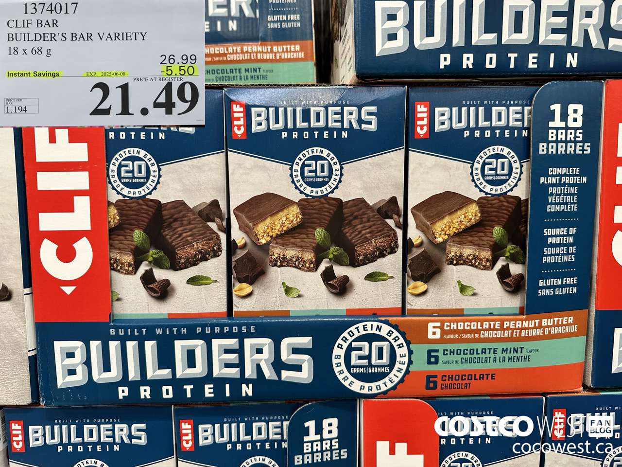 1374017 CLIF BAR BUILDER'S BAR VARIETY 18 x 68 g ($5.50 INSTANT SAVINGS EXPIRES ON 2025-06-08) $21.49