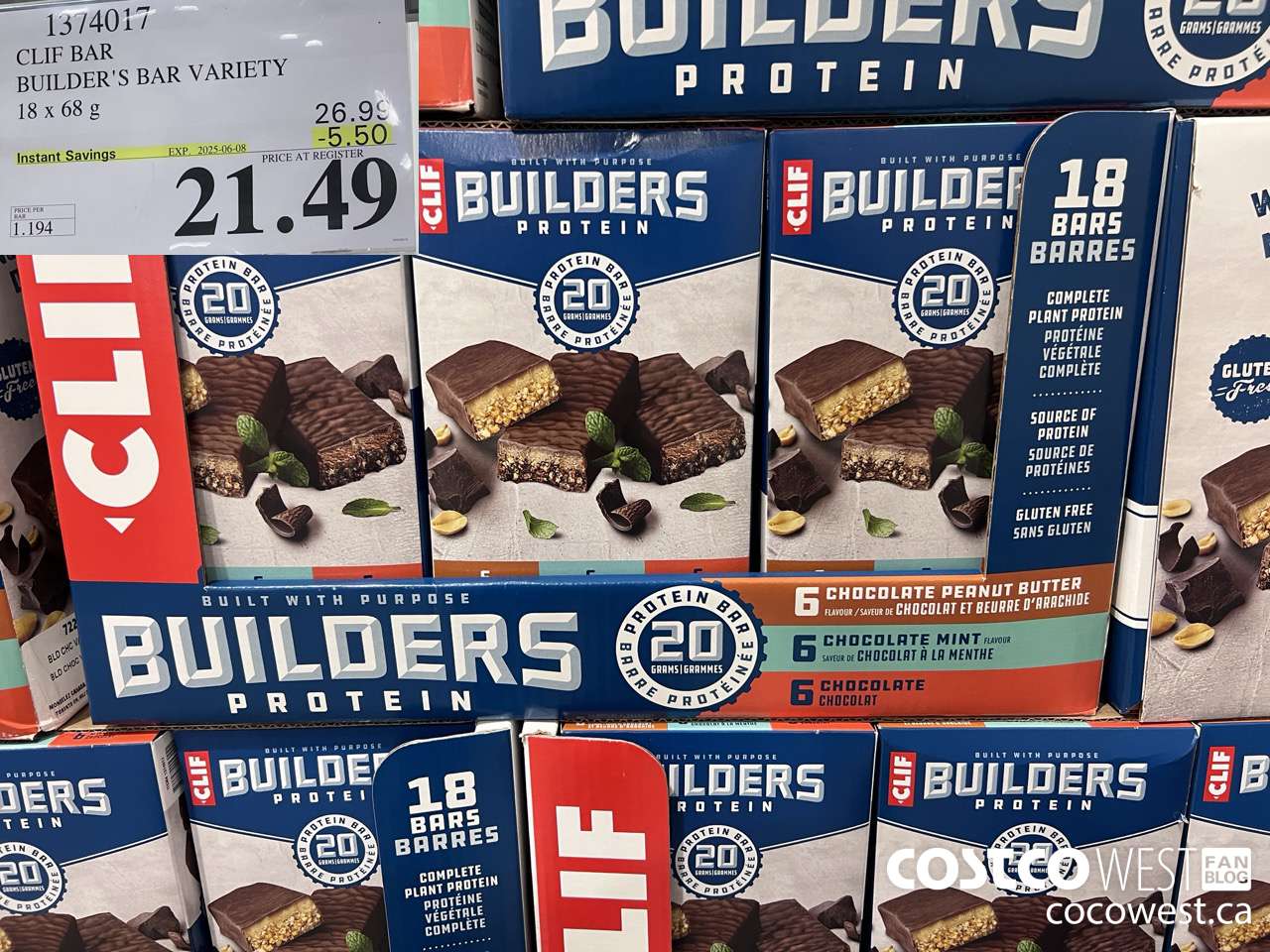 1374017 CLIF BAR BUILDER'S BAR VARIETY 18 x 68 g ($5.50 INSTANT SAVINGS EXPIRES ON 2025-06-08) $21.49