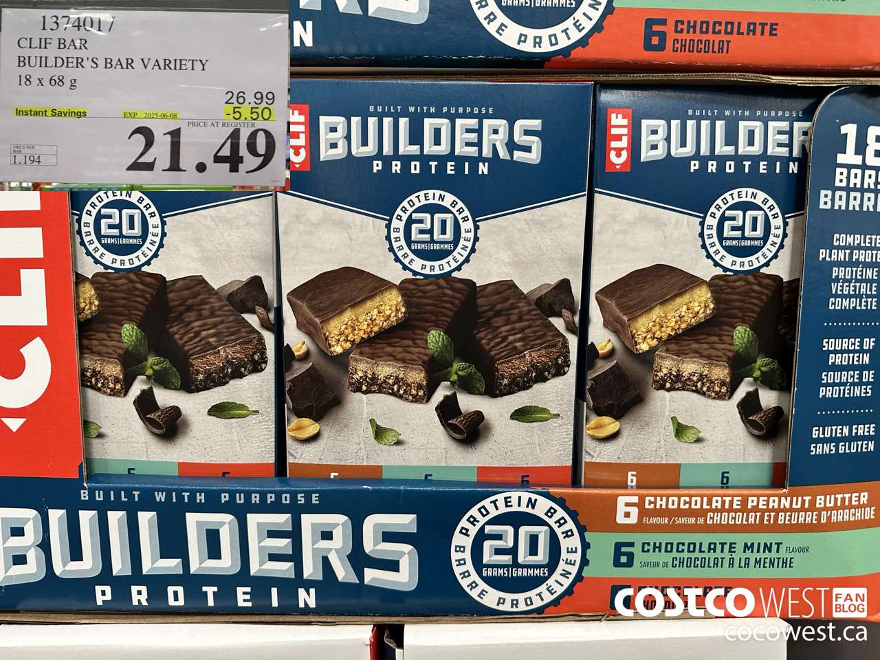 1374017 CLIF BAR BUILDER'S BAR VARIETY 18 x 68 g ($5.50 INSTANT SAVINGS EXPIRES ON 2025-06-08) $21.49