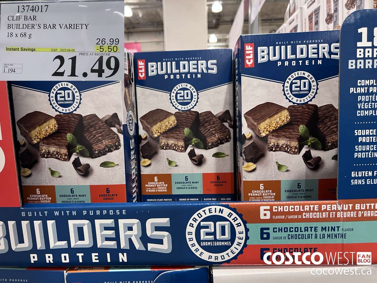 1374017 CLIF BAR BUILDER'S BAR VARIETY 18 x 68 g ($5.50 INSTANT SAVINGS EXPIRES ON 2025-06-08) $21.49
