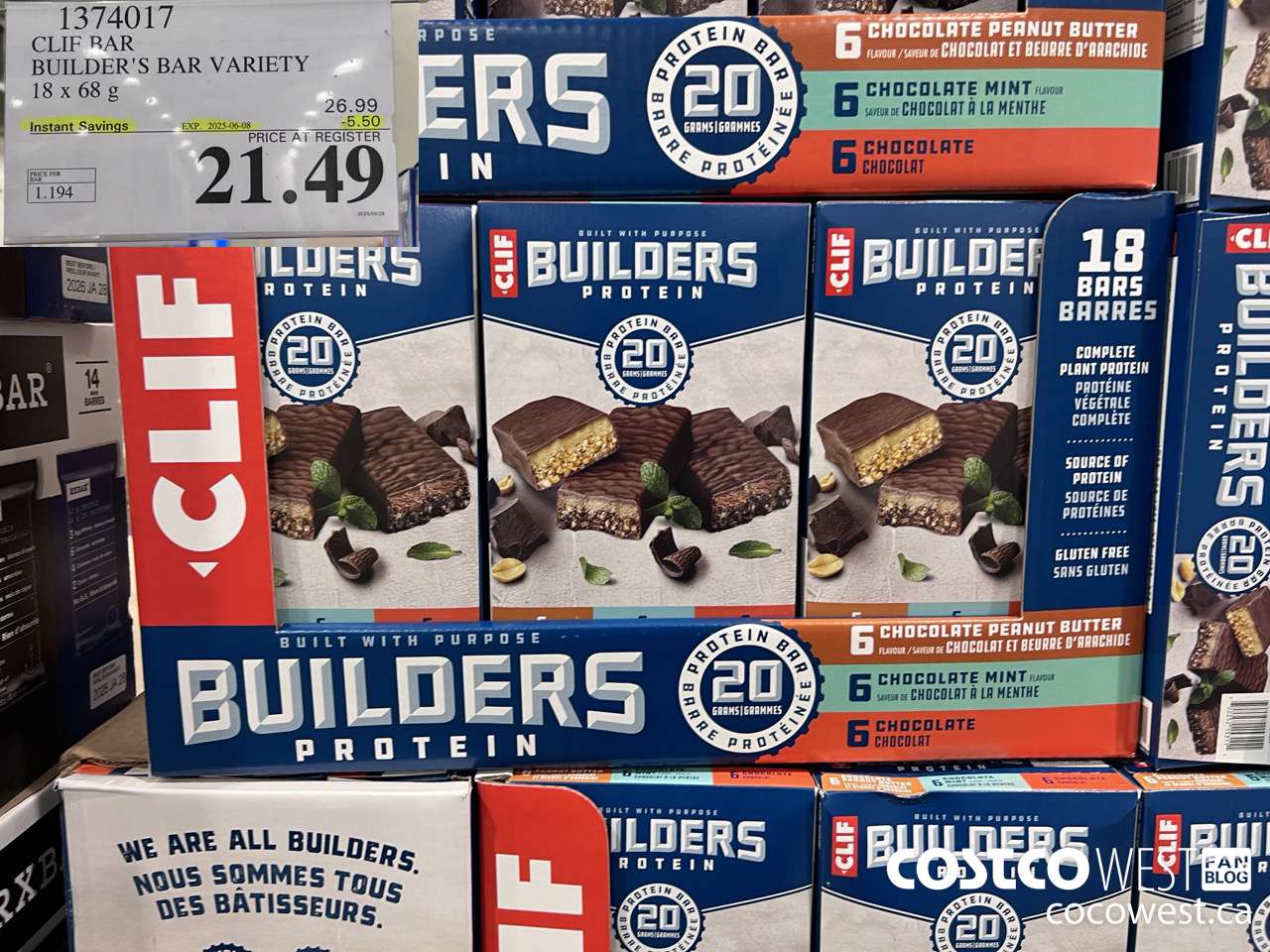 1374017 CLIF BAR BUILDER'S BAR VARIETY 18 x 68 g ($5.50 INSTANT SAVINGS EXPIRES ON 2025-06-08) $21.49
