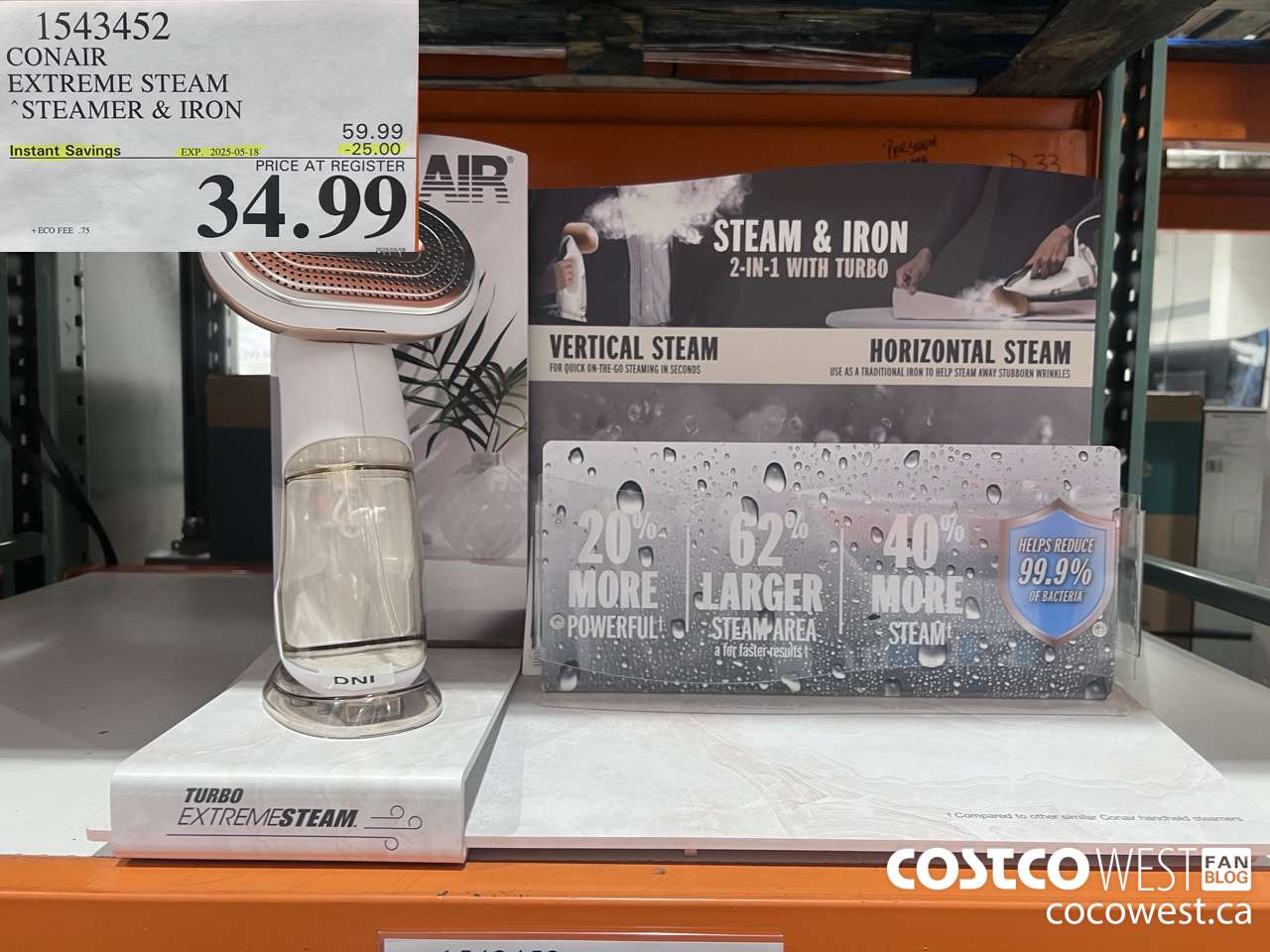 1543452 CONAIR TURBO EXTREME STEAM GARMENT STEAMER 2 IN 1 TURBO ($25.00 INSTANT SAVINGS EXPIRES ON 2025-05-18) $34.99