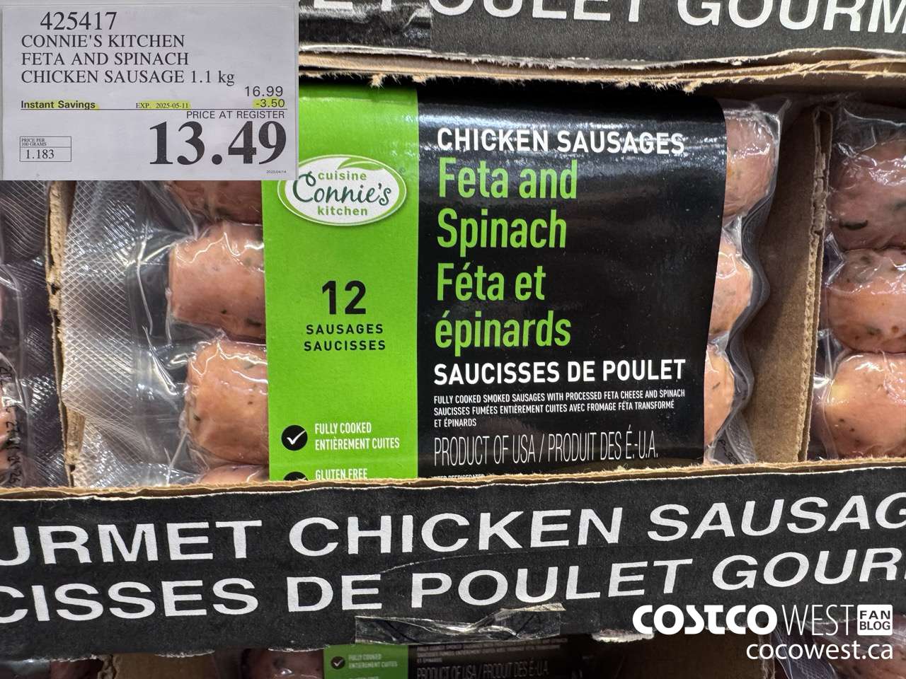 425417 CONNIE'S KITCHEN FETA AND SPINACH CHICKEN SAUSAGE 1.1 kg ($3.50 INSTANT SAVINGS EXPIRES ON 2025-05-11) $13.49
