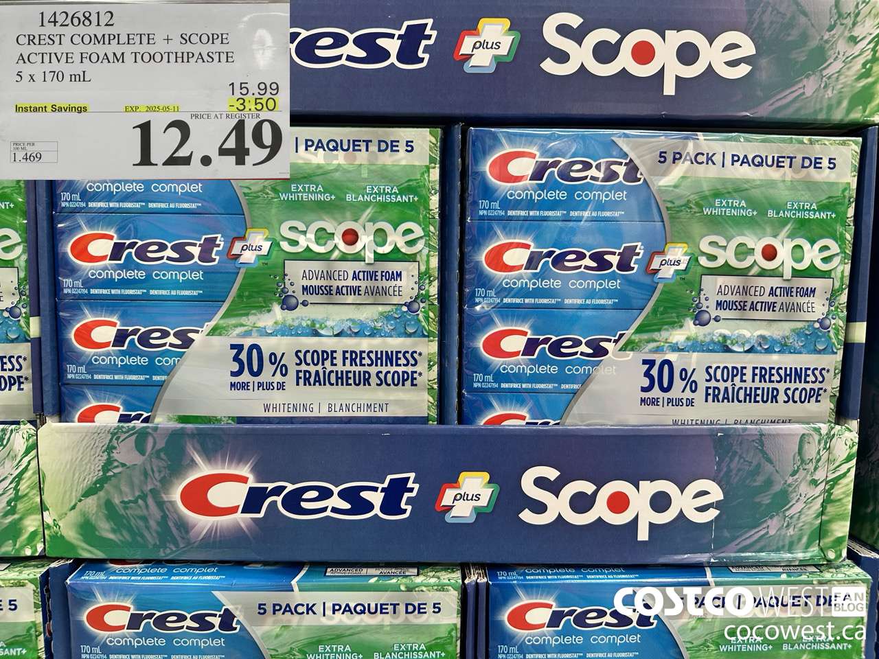 1426812 CREST COMPLETE + SCOPE ACTIVE FOAM TOOTHPASTE 5 x 170ml  ($3.50 INSTANT SAVINGS EXPIRES ON 2025-05-11) $12.49