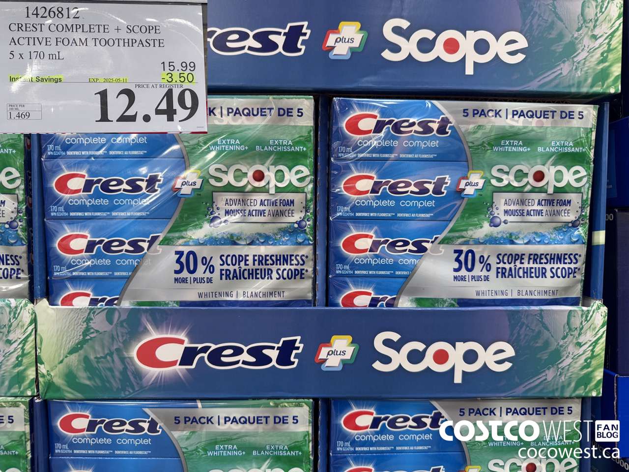 1426812 CREST COMPLETE + SCOPE ACTIVE FOAM TOOTHPASTE 5 x 170ml  ($3.50 INSTANT SAVINGS EXPIRES ON 2025-05-11) $12.49