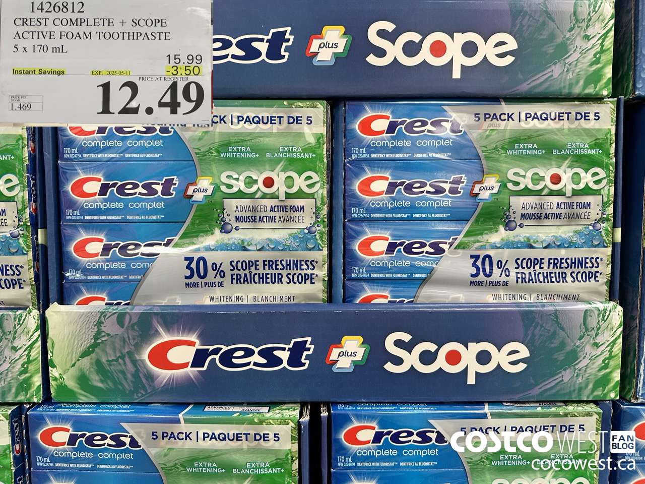 1426812 CREST COMPLETE + SCOPE ACTIVE FOAM TOOTHPASTE 5 x 170ml  ($3.50 INSTANT SAVINGS EXPIRES ON 2025-05-11) $12.49