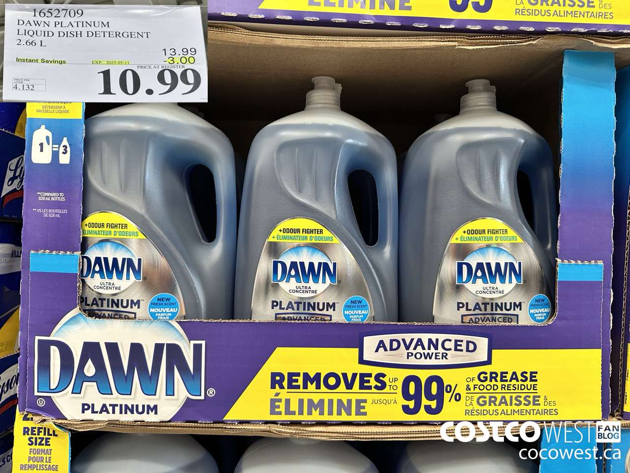 1652709 DAWN PLATINUM LIQUID DISH DETERGENT 2.66L ($3.00 INSTANT SAVINGS EXPIRES ON 2025-05-11) $10.99