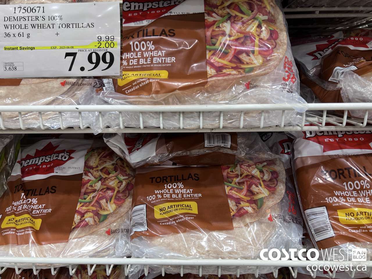 1750671 DEMPSTER'S 100% WHOLE WHEAT TORTILLAS 36 X 61 G ($2.00 INSTANT SAVINGS EXPIRES ON 2025-06-08) $7.99