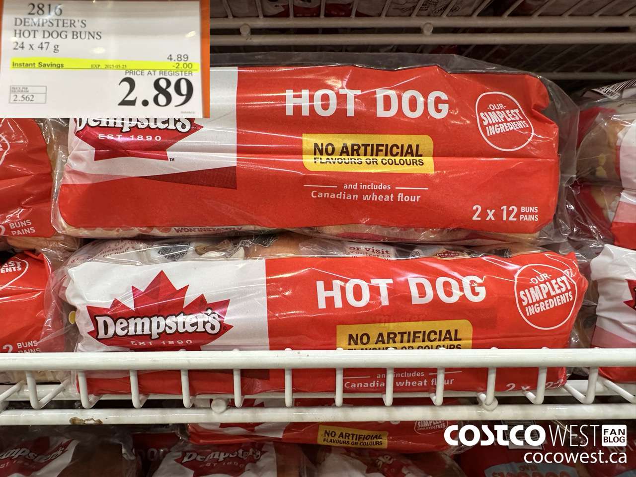 2816 DEMPSTER'S HOT DOG BUNS PACK OF 24 X 41G ($2.00 INSTANT SAVINGS EXPIRES ON 2025-05-25) $2.89