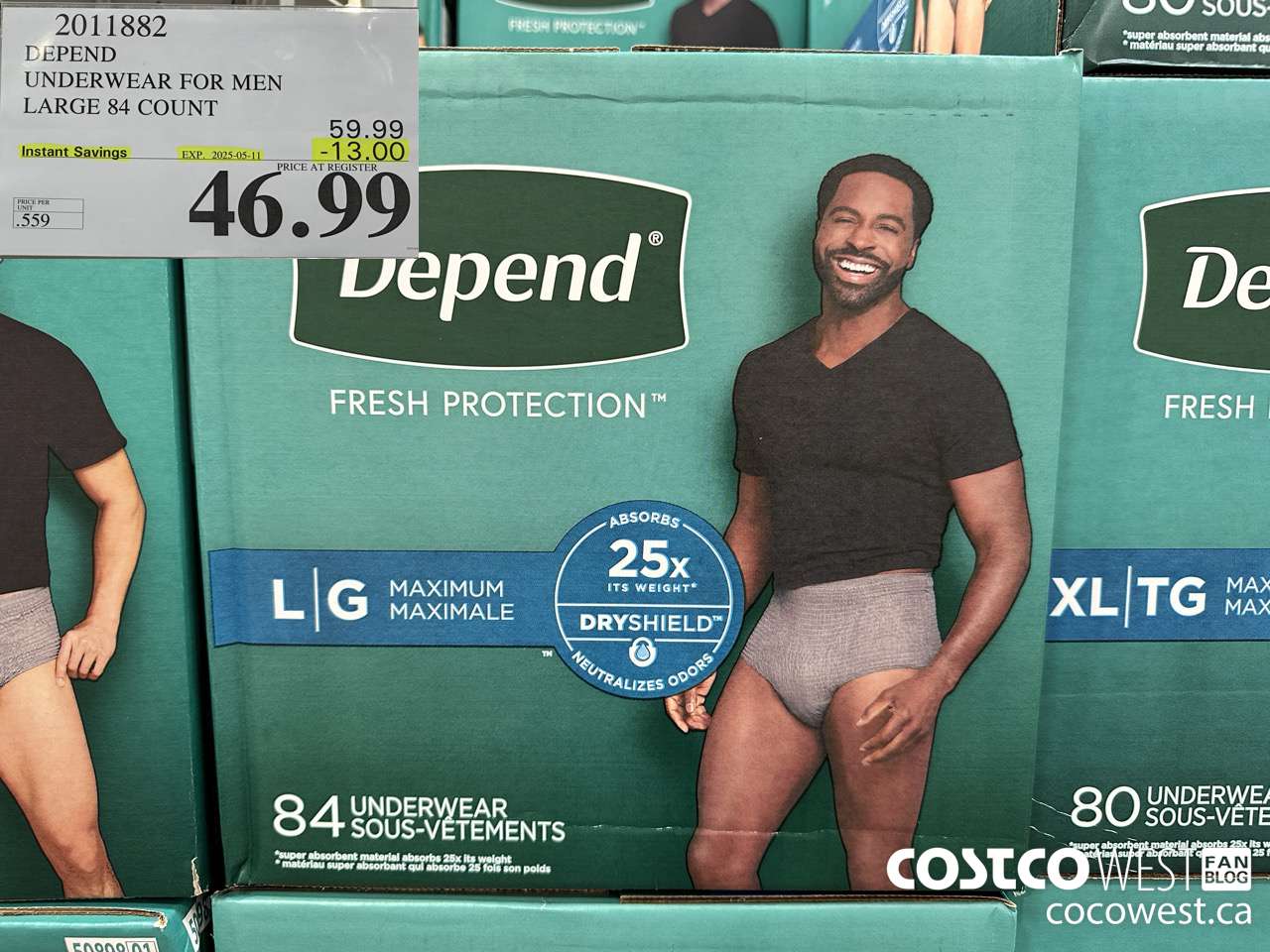 2011882 DEPEND UNDERWEAR FOR MEN LARGE 84 COUNT ($13.00 INSTANT SAVINGS EXPIRES ON 2025-05-11) $46.99