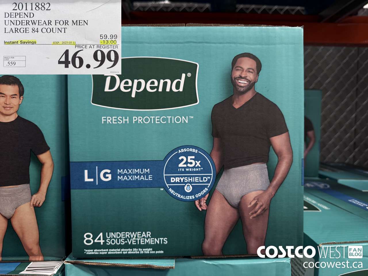 2011882 DEPEND UNDERWEAR FOR MEN LARGE 84 COUNT ($13.00 INSTANT SAVINGS EXPIRES ON 2025-05-11) $46.99