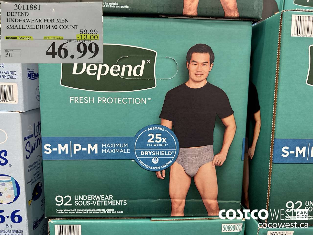 2011881 DEPEND UNDERWEAR FOR MEN S/M 92 COUNT ($13.00 INSTANT SAVINGS EXPIRES ON 2025-05-11) $46.99