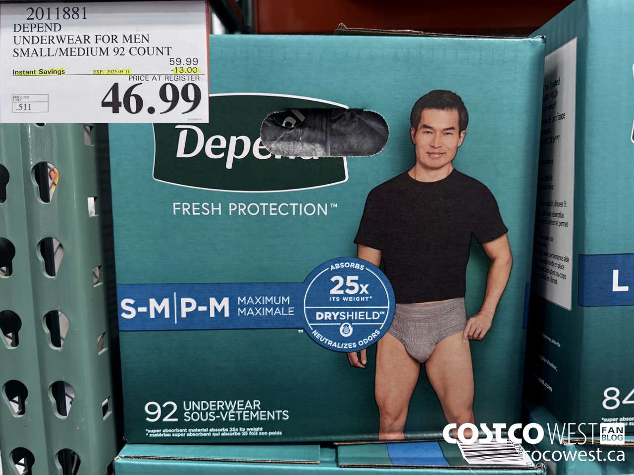 2011881 DEPEND UNDERWEAR FOR MEN S/M 92 COUNT ($13.00 INSTANT SAVINGS EXPIRES ON 2025-05-11) $46.99