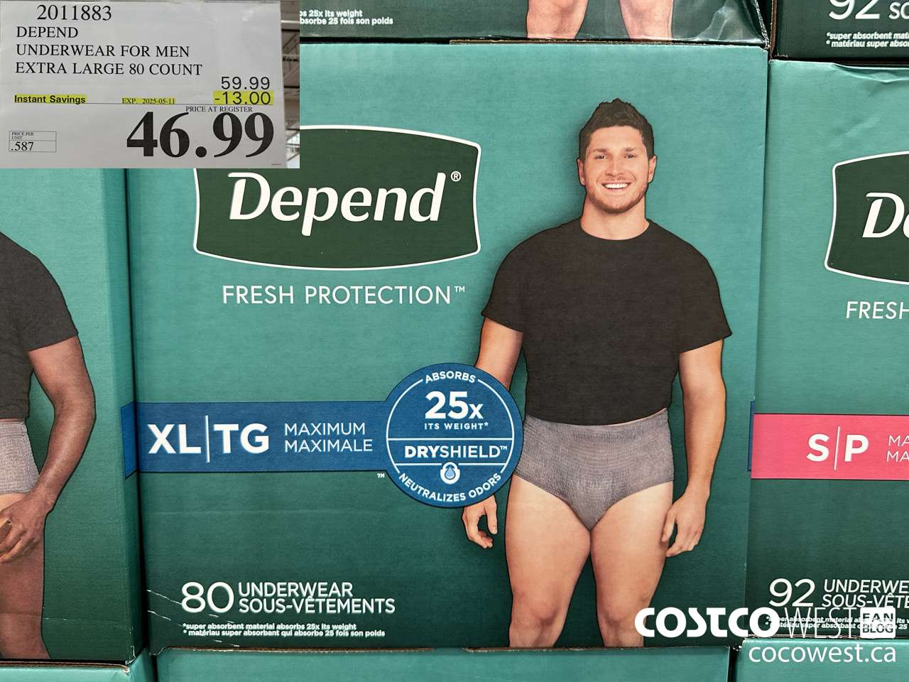 2011883 DEPEND UNDERWEAR FOR MEN X-LARGE 80 COUNT ($13.00 INSTANT SAVINGS EXPIRES ON 2025-05-11) $46.99