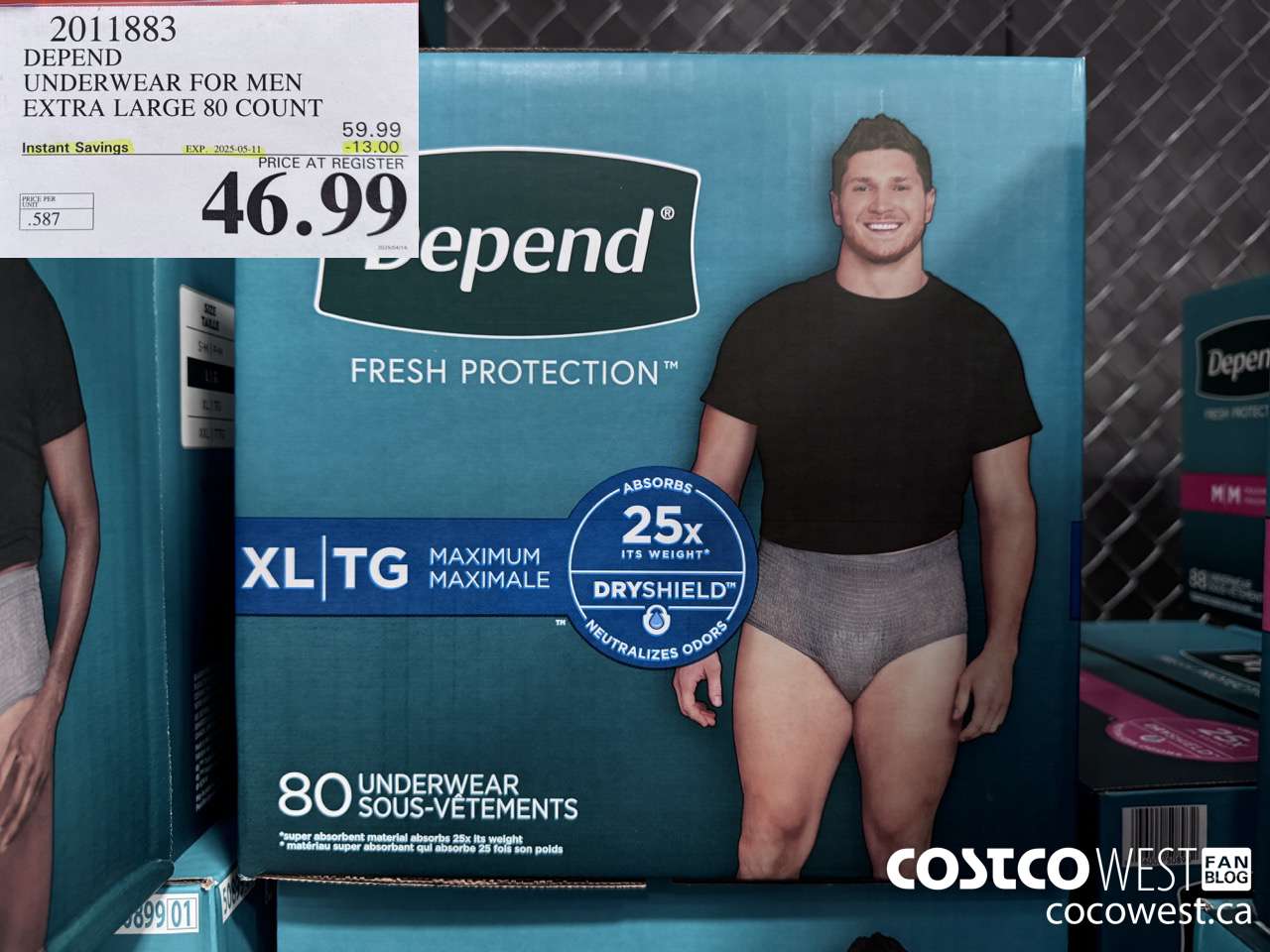 2011883 DEPEND UNDERWEAR FOR MEN X-LARGE 80 COUNT ($13.00 INSTANT SAVINGS EXPIRES ON 2025-05-11) $46.99