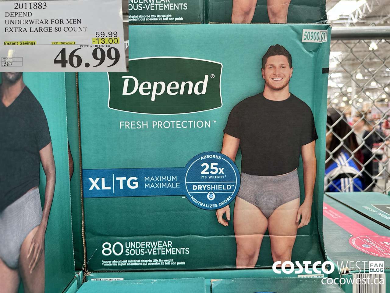 2011883 DEPEND UNDERWEAR FOR MEN X-LARGE 80 COUNT ($13.00 INSTANT SAVINGS EXPIRES ON 2025-05-11) $46.99