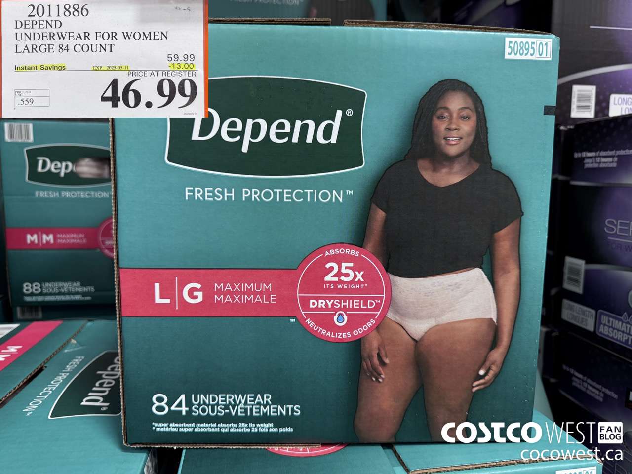 2011886 DEPEND UNDERWEAR FOR WOMEN LARGE 84 COUNT ($13.00 INSTANT SAVINGS EXPIRES ON 2025-05-11) $46.99