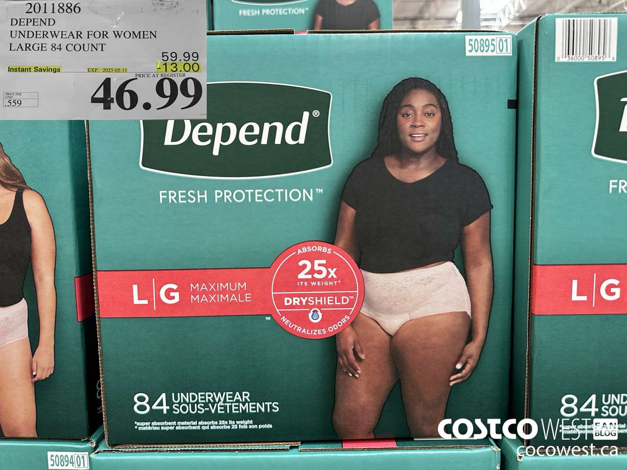 2011886 DEPEND UNDERWEAR FOR WOMEN LARGE 84 COUNT ($13.00 INSTANT SAVINGS EXPIRES ON 2025-05-11) $46.99