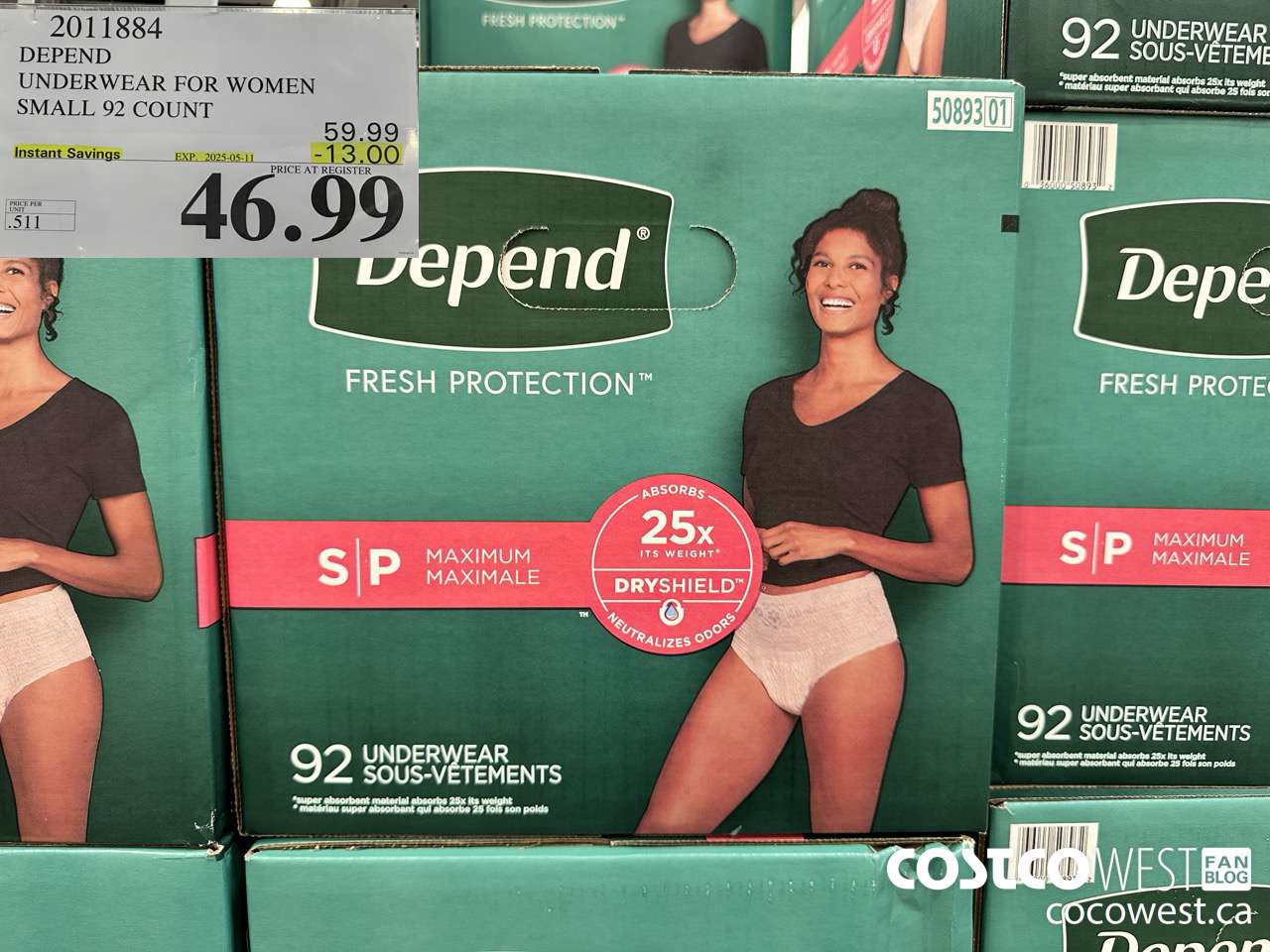 2011884 DEPEND UNDERWEAR FOR WOMEN SMALL 92 COUNT ($13.00 INSTANT SAVINGS EXPIRES ON 2025-05-11) $46.99