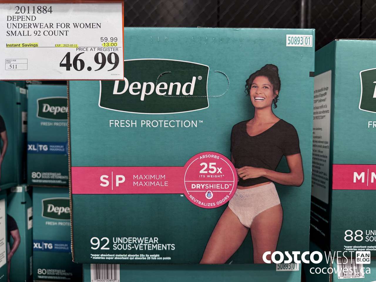2011884 DEPEND UNDERWEAR FOR WOMEN SMALL 92 COUNT ($13.00 INSTANT SAVINGS EXPIRES ON 2025-05-11) $46.99