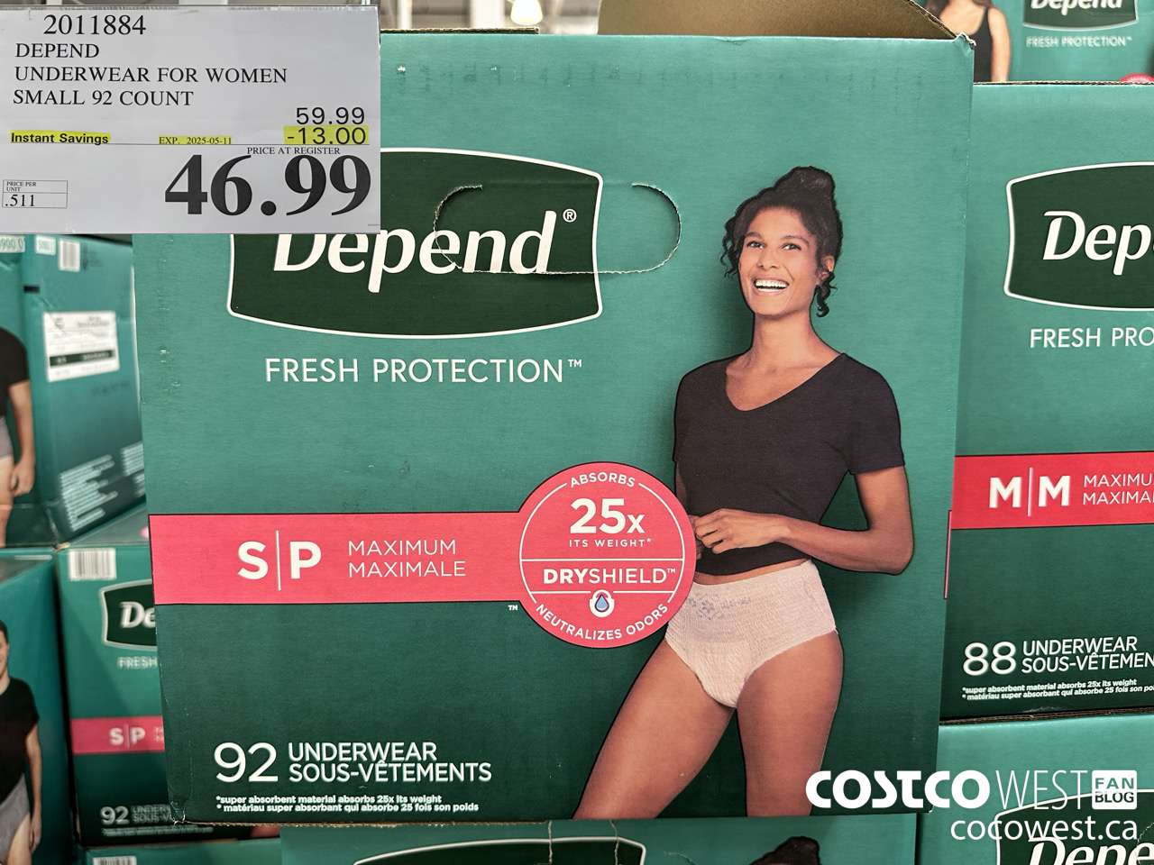 2011884 DEPEND UNDERWEAR FOR WOMEN SMALL 92 COUNT ($13.00 INSTANT SAVINGS EXPIRES ON 2025-05-11) $46.99