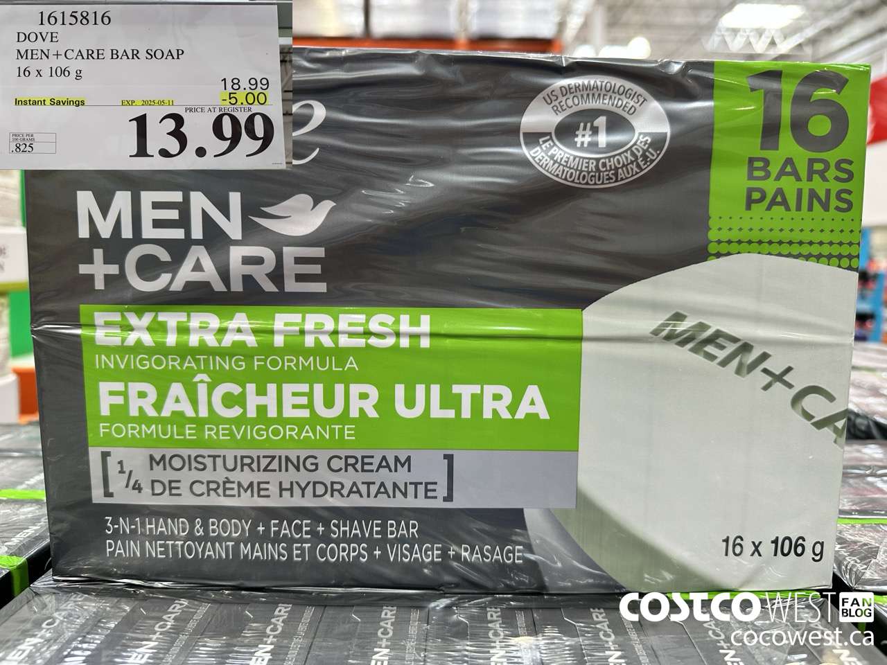 1615816 DOVE MEN +CARE BAR SOAP 16 X 106 G ($5.00 INSTANT SAVINGS EXPIRES ON 2025-05-11) $13.99