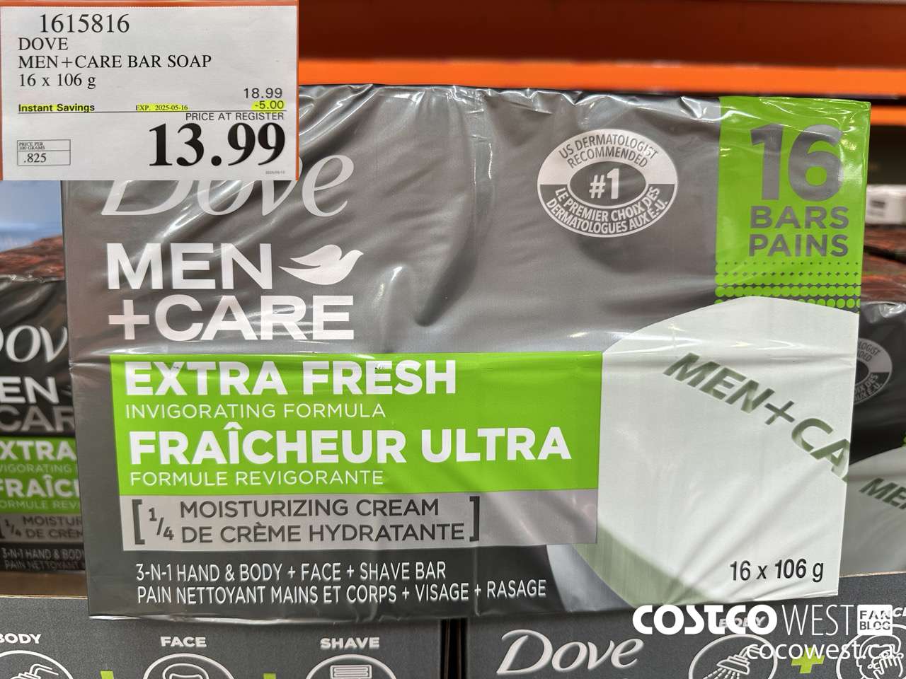 1615816 DOVE MEN +CARE BAR SOAP 16 X 106 G ($5.00 INSTANT SAVINGS EXPIRES ON 2025-05-16) $13.99