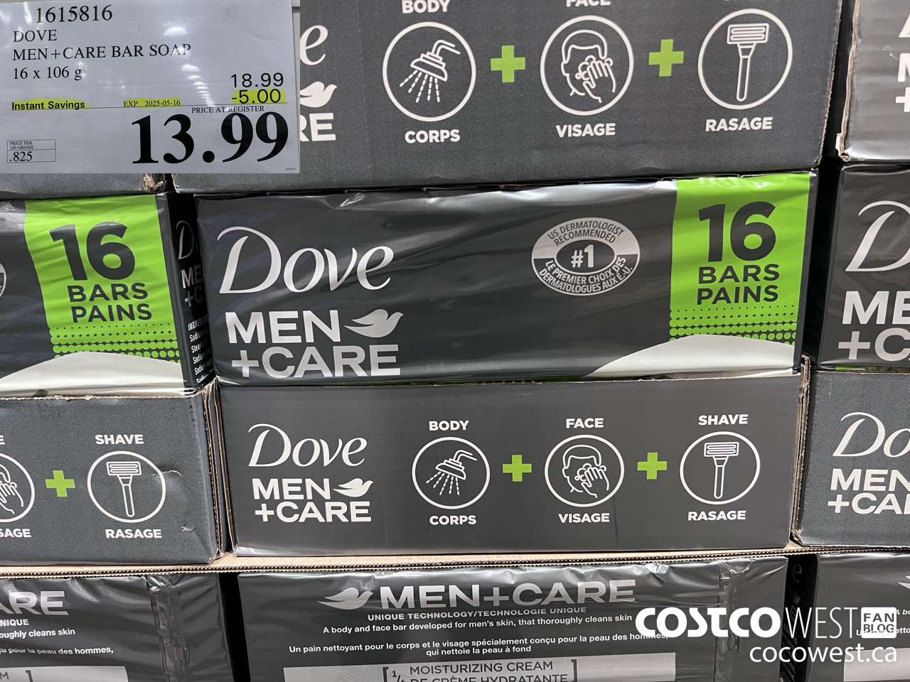 1615816 DOVE MEN +CARE BAR SOAP 16 X 106 G ($5.00 INSTANT SAVINGS EXPIRES ON 2025-05-16) $13.99