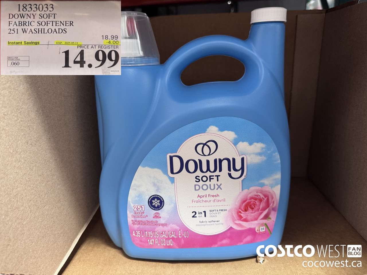 1833033 DOWNY SOFT FABRIC SOFTENER 251 WASHLOADS ($4.00 INSTANT SAVINGS EXPIRES ON 2025-05-11) $14.99