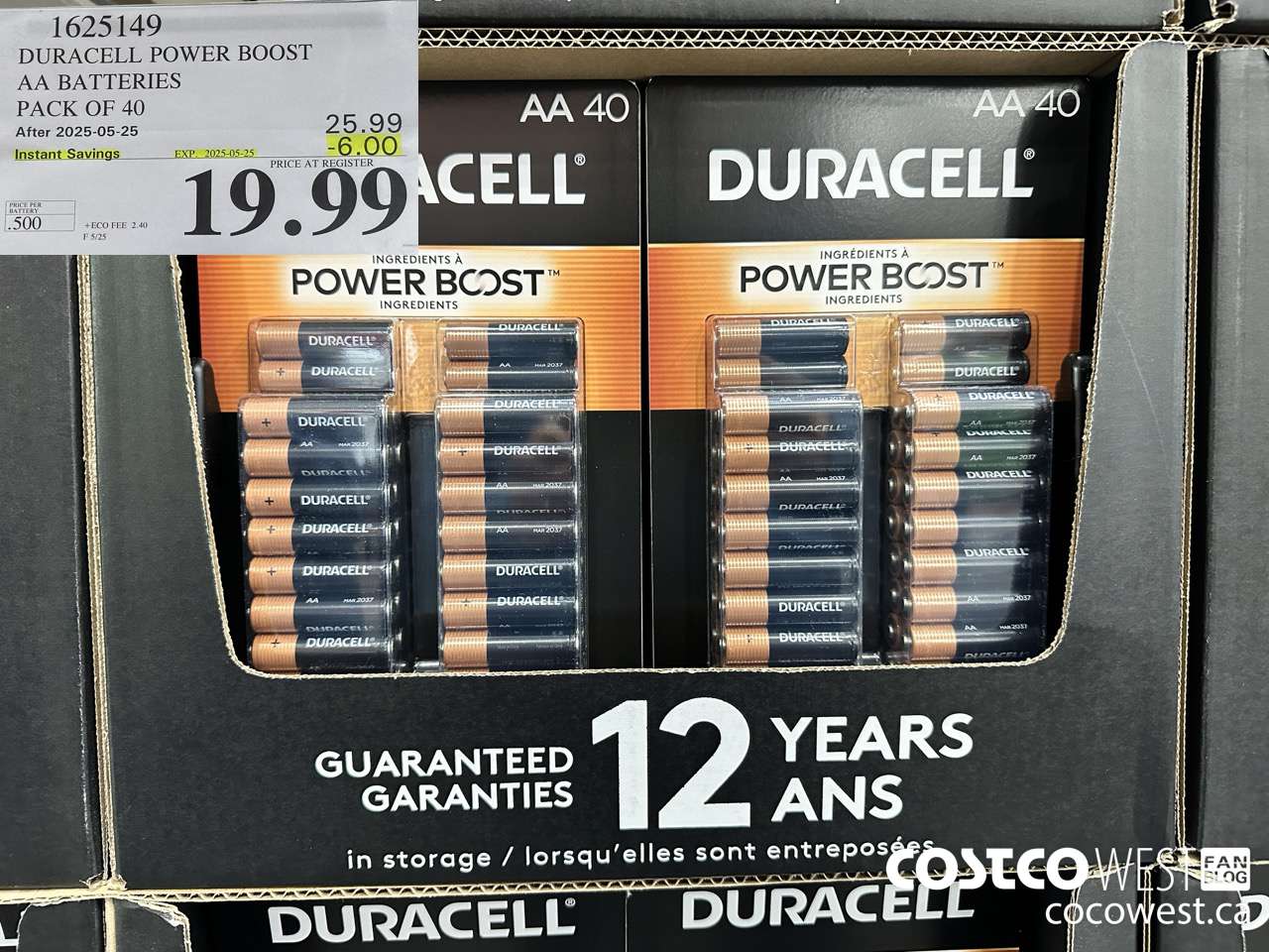 1625149 DURACELL POWER BOOST AA BATTERIES PACK OF 40 ($6.00 INSTANT SAVINGS EXPIRES ON 2025-05-25) $19.99