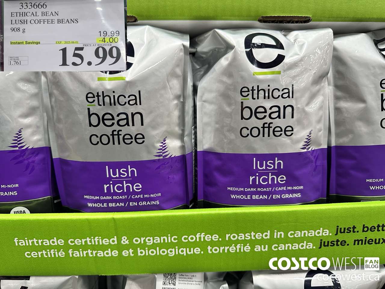 333666 ETHICAL BEAN ORGANIC LUSH COFFEE BEANS 908 g ($4.00 INSTANT SAVINGS EXPIRES ON 2025-06-01) $15.99