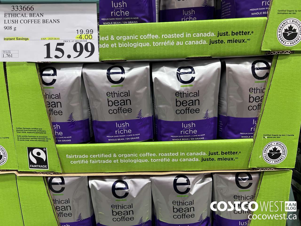333666 ETHICAL BEAN ORGANIC LUSH COFFEE BEANS 908 g ($4.00 INSTANT SAVINGS EXPIRES ON 2025-06-01) $15.99