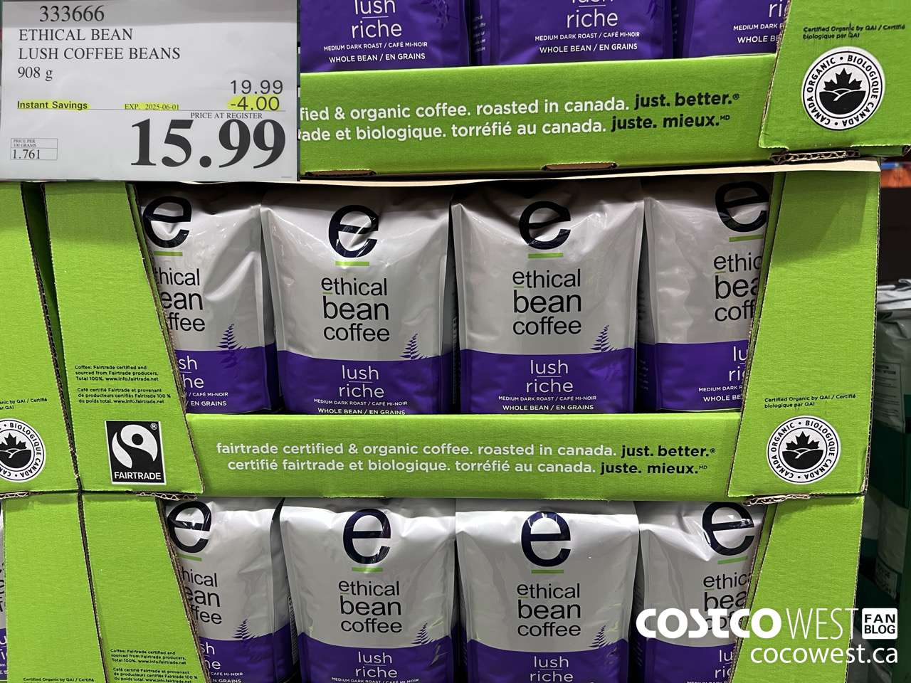 333666 ETHICAL BEAN ORGANIC LUSH COFFEE BEANS 908 g ($4.00 INSTANT SAVINGS EXPIRES ON 2025-06-01) $15.99