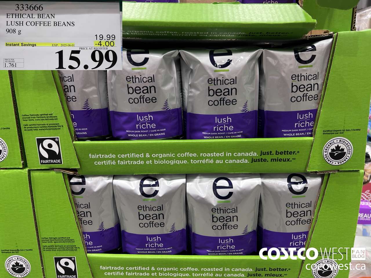 333666 ETHICAL BEAN ORGANIC LUSH COFFEE BEANS 908 g ($4.00 INSTANT SAVINGS EXPIRES ON 2025-06-01) $15.99