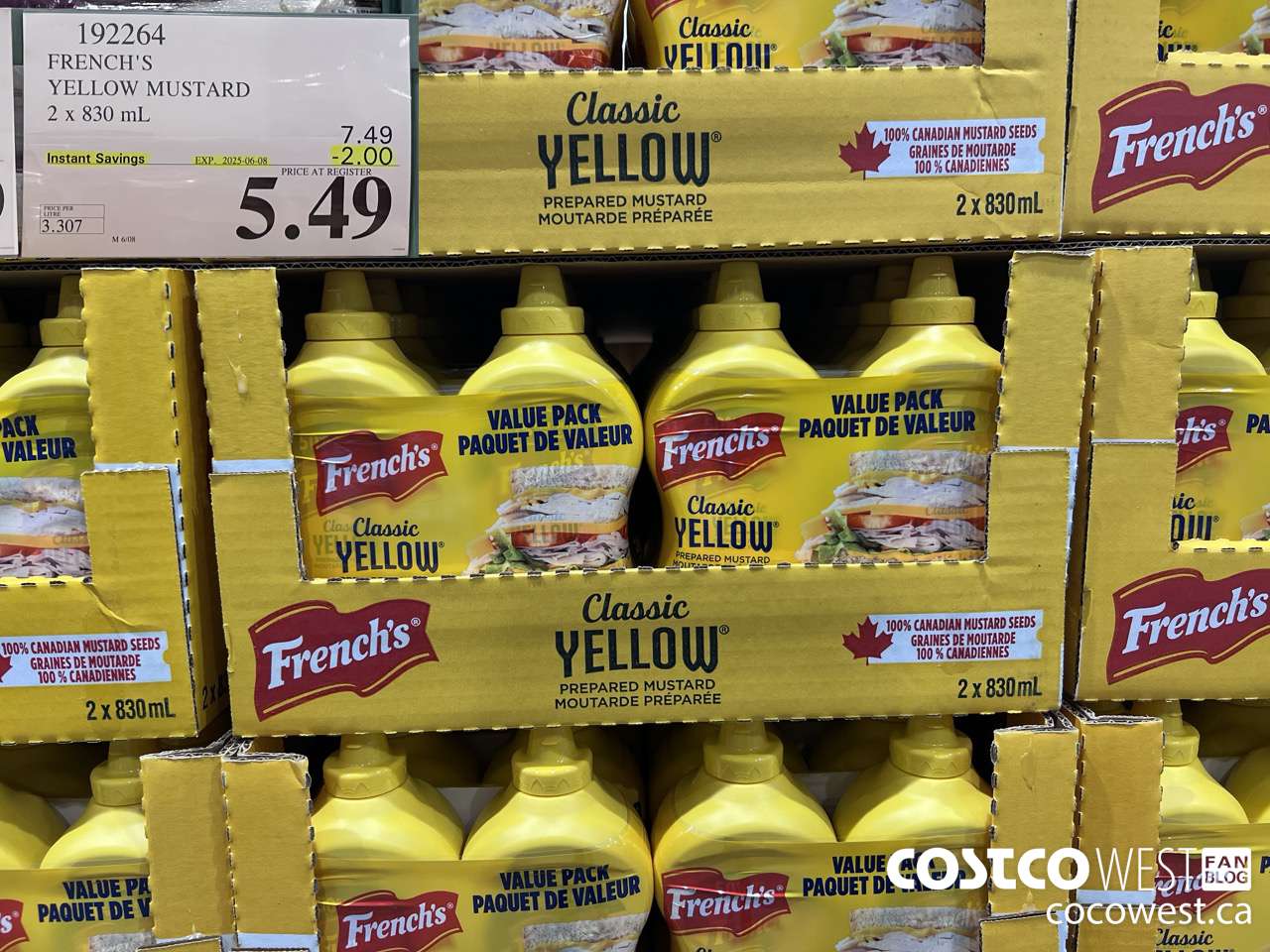 192264 FRENCH'S YELLOW MUSTARD 2 x 830 mL ($2.00 INSTANT SAVINGS EXPIRES ON 2025-06-08) $5.49