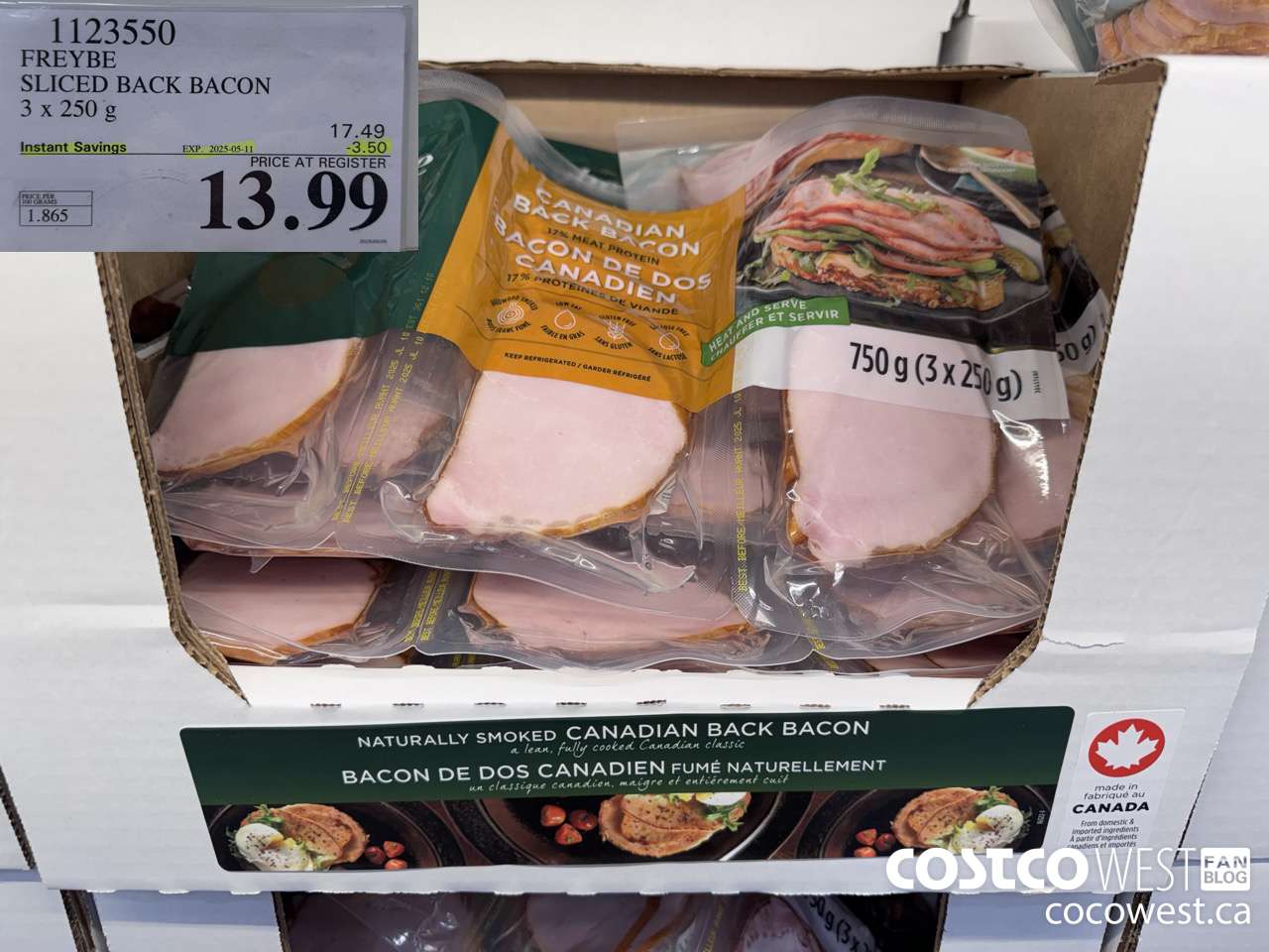1123550 FREYBE SLICED BACK BACON 3 x 250 g ($3.50 INSTANT SAVINGS EXPIRES ON 2025-05-11) $13.99