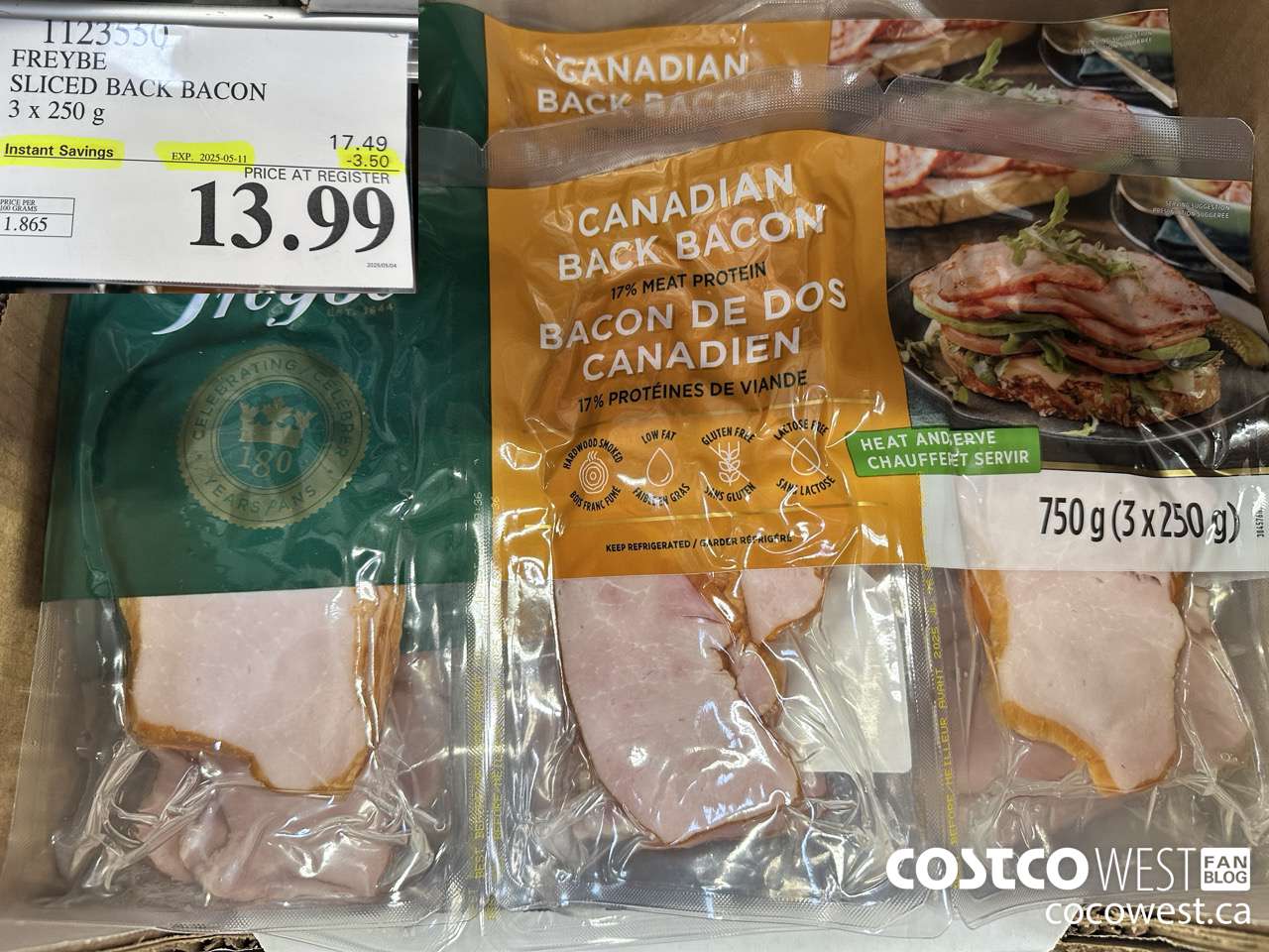 1123550 FREYBE SLICED BACK BACON 3 x 250 g ($3.50 INSTANT SAVINGS EXPIRES ON 2025-05-11) $13.99