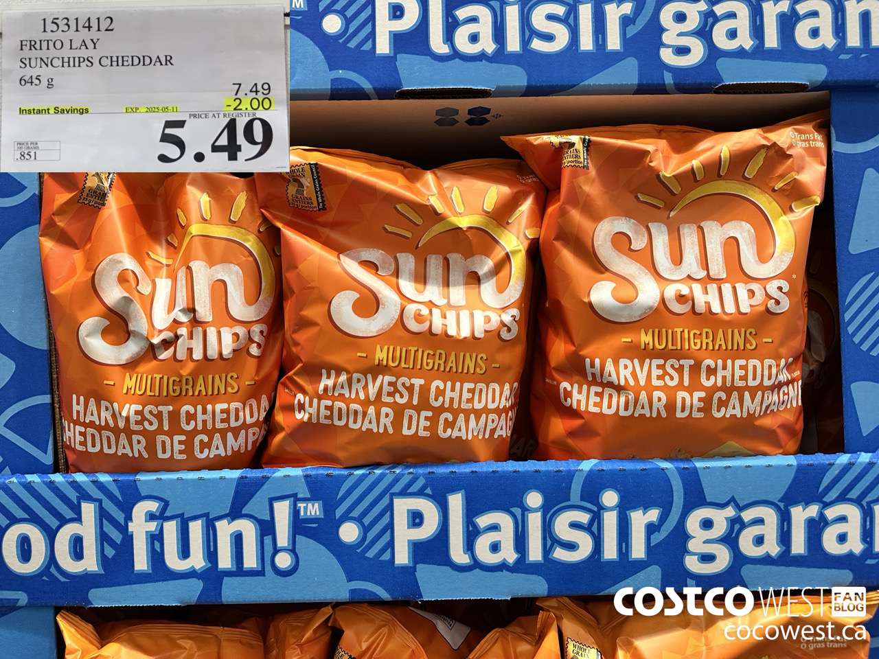 1531412 FRITO LAY SUNCHIPS CHEDDAR 645G ($2.00 INSTANT SAVINGS EXPIRES ON 2025-05-11) $5.49