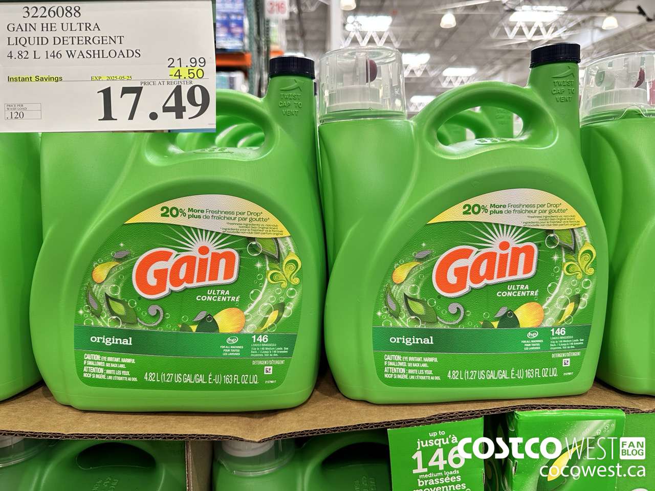 3226088 GAIN HE ULTRA LIQUID DETERGENT 4.82 L 146 WASHLOADS ($4.50 INSTANT SAVINGS EXPIRES ON 2025-05-25) $17.49